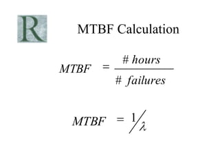 MTBF Calculation

         # hours
MTBF
        # failures


 MTBF     1
 