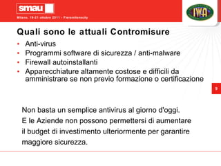 Quali sono le attuali Contromisure Anti-virus Programmi software di sicurezza / anti-malware Firewall autoinstallanti Apparecchiature altamente costose e difficili da amministrare se non previo formazione o certificazione Non basta un semplice antivirus al giorno d'oggi. E le Aziende non possono permettersi di aumentare  il budget di investimento ulteriormente per garantire  maggiore sicurezza. 
