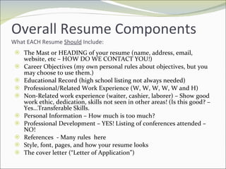 Overall Resume Components What EACH Resume  Should  Include: The Mast or HEADING of your resume (name, address, email, website, etc – HOW DO WE CONTACT YOU!) Career Objectives (my own personal rules about objectives, but you may choose to use them.) Educational Record (high school listing not always needed) Professional/Related Work Experience (W, W, W, W, W and H) Non-Related work experience (waiter, cashier, laborer) – Show good work ethic, dedication, skills not seen in other areas! (Is this good? – Yes…Transferable Skills. Personal Information – How much is too much? Professional Development – YES! Listing of conferences attended – NO! References  - Many rules  here Style, font, pages, and how your resume looks The cover letter (“Letter of Application”) 