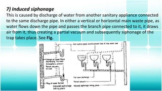 7) Induced siphonage
This is caused by discharge of water from another sanitary appliance connected
to the same discharge pipe. In either a vertical or horizontal main waste pipe, as
water flows down the pipe and passes the branch pipe connected to it, it draws
air from it, thus creating a partial vacuum and subsequently siphonage of the
trap takes place. See Fig.
 
