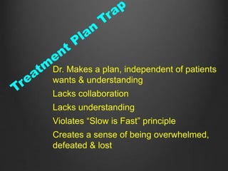 Dr. Makes a plan, independent of patients
wants & understanding
Lacks collaboration
Lacks understanding
Violates “Slow is Fast” principle
Creates a sense of being overwhelmed,
defeated & lost
 