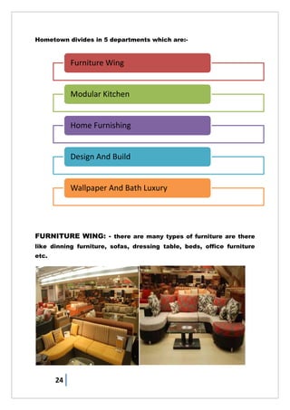 24
Hometown divides in 5 departments which are:-
FURNITURE WING: - there are many types of furniture are there
like dinning furniture, sofas, dressing table, beds, office furniture
etc.
Furniture Wing
Modular Kitchen
Home Furnishing
Design And Build
Wallpaper And Bath Luxury
 