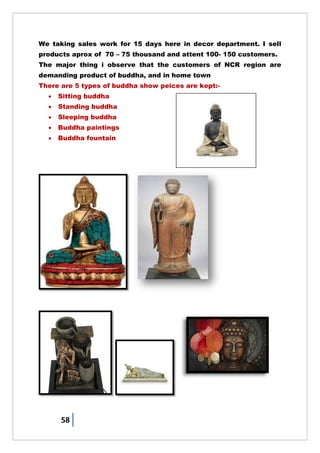 58
We taking sales work for 15 days here in decor department. I sell
products aprox of 70 – 75 thousand and attent 100- 150 customers.
The major thing i observe that the customers of NCR region are
demanding product of buddha, and in home town
There are 5 types of buddha show peices are kept:-
 Sitting buddha
 Standing buddha
 Sleeping buddha
 Buddha paintings
 Buddha fountain
 