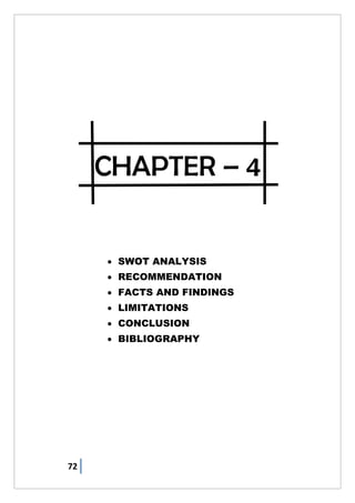 72
CHAPTER – 4
 SWOT ANALYSIS
 RECOMMENDATION
 FACTS AND FINDINGS
 LIMITATIONS
 CONCLUSION
 BIBLIOGRAPHY
 