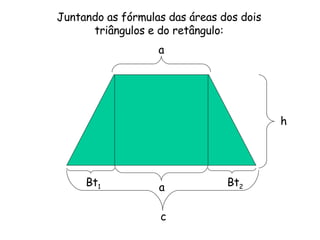 Juntando as fórmulas das áreas dos dois triângulos e do retângulo: Bt 1 Bt 2 c a a h 