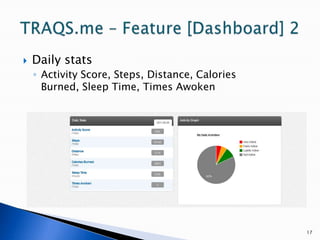 17TRAQS.me – Feature [Dashboard] 2Daily statsActivity Score, Steps, Distance, Calories Burned, Sleep Time, Times Awoken