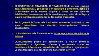 - El DIVERTICULO TRAQUEAL O TRAQUEOCELE es una cavidad
aérea paratraqueal, que puede ser adquirido o congénito, debida a
la herniación de la mucosa traqueal a través de una zona de
debilidad en la musculatura de la pared traqueal, entre el cartílago y
la pars membranosa posterior de los anillos traqueales.
- Por lo general, la forma más habitual en adultos es la adquirida, que
suele presentarse con afección broncopulmonar crónica
concomitante.
- La localización más frecuente es el aspecto posterior derecho de la
tráquea.
- CLINICAMENTE puede ser asintomático, o causar síntomas
respiratorios y digestivos, crónicos y recurrentes, como tos
persistente, infecciones respiratorias de repetición y regurgitación.
Lo más frecuente es encontrar una tumoración cervical.
 