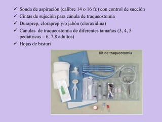  Sonda de aspiración (calibre 14 o 16 fr.) con control de succión
 Cintas de sujeción para cánula de traqueostomía
 Duraprep, cloraprep y/o jabón (cloraxidina)
 Cánulas de traqueostomía de diferentes tamaños (3, 4, 5
  pediátricas – 6, 7,8 adultos)
 Hojas de bisturi
                                           Kit de traqueotomía
 