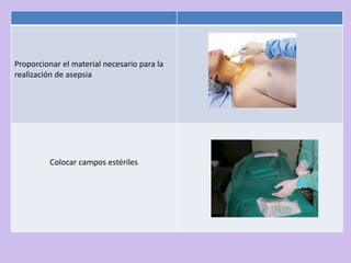 Proporcionar el material necesario para la
realización de asepsia




         Colocar campos estériles
 