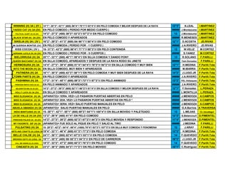WINNING (H) 3A ( 2V ) 14"1"- 30"3"- 43"1" (600) 56"4"/ 70"1"// 83"4"/// EN PELO COMODA Y MEJOR DESPUES DE LA RAYA 12"3" A.LEAL I.MARTINEZ
YADDO CAT (H) 3A (2V) EN PELO COMODO ( PERDIO POR MEDIO CUERPO ) ##### J.Montezuma I.MARTINEZ
POLITICAL ALERT (H) 2A (2V) 14"2"- 27"2" (400) 39"3"/ 53"2"// 67"2"/// EN PELO COMODO 13 J.Montezuma I.MARTINEZ
BLACK STAR (H) 2A (2V) EN PELO COMODO Y APAREADOS ##### R.MENESES I.MARTINEZ
SIKELIA (H) 3A ( 2V ) 16"2"- 29"2"- 41"3" (600) 54/ 66"1"// 80"4"/// EN PELO COMODO 12"1" D.ACOSTA JD.RIVAS
MI QUERIDA MONTSE (2V) EN PELO COMODA ( PERDIO POR - 1 CUERPO ) ##### J.A.RIVERO JD.RIVAS
KISS COCOA ( 2V ) 18- 31"3"- 43"3" (600) 56"4"/ 71"1"// 88"3"/// EN PELO CONTENIDA 12 W.VELIZ M.CORTEZ
ADRIANA LUCILA (H) 3A (2V) EN PELO COMODO ( PERDIO POR - 5 CUERPOS ) ##### S.YANEZ M.CORTEZ
BIELORRUSA (H) 2A 20"1"- 33"1" (500) 46"1"/ 59"4"// EN SILLA COMODA Y DANDO PONY 13 R.SOLANO F.PARILLI
QUEEN BACCARAT (H) 2A EN SILLA COMODO, APAREADOS Y DESPUES DE LA RAYA RODO SU JINETE ##### Yam.Gonzalez F.PARILLI
HERMOSURA (H) 2A 14"4"- 27"3"- 39"4" (600) 51"4"/ 64"4"// 78"3"/// 94"2"//// EN SILLA COMODO Y MUY BIEN 12"1" H.MEDINA F.Parilli.Tota
INTO THE MOON (H) 2A EN SILLA COMODO, MUY BIEN Y APAREADOS ##### M.IBARRA F.Parilli.Tota
PATINERA (H) 2A 16"1"- 30"3" (400) 43"3"/ 58"1"// EN PELO COMODA Y MUY BIEN DESPUES DE LA RAYA 14"2" J.LUGO.JR F.Parilli.Tota
TOWN PARTS (H) 2A EN PELO COMODO Y APAREADOS ##### J.A.RIVERO F.Parilli.Tota
PASHMINA (H) 2A 17"2"- 31"4"- 45"1" (600) 59"3"/ 73"1"// 87"3"/// EN PELO ANIMADO 13"2" FEL.Velasquez F.Parilli.Tota
PRINCESS WHITE FACE (H) 2A EN PELO ANIMADO Y APAREADOS ##### J.A.RIVERO F.Parilli.Tota
MILAGRITOS MIA (H) 3A (2V) 14"2"- 27"2"- 39"3" (600) 52"1"/ 66"2"// 81"4"/// EN SILLA COMODO Y MEJOR DESPUES DE LA RAYA 12"1" Y.Gonzalez L.PERAZA
HOLLY LUCK (H) 3A (2V) EN SILLA COMODO Y APAREADOS ##### L.MONTILLA L.PERAZA
MISS ELEGANCIA (H) 3A (APARATO)= 1ERA. VEZ= LO PASARON PUERTAS ABIERTAS EN PELO ##### J.MENDOZA A.CAMPOS
MISS ELEGANCIA (H) 3A (APARATO)= 2DA. VEZ= LO PASARON PUERTAS ABIERTAS EN PELO * ##### J.MENDOZA A.CAMPOS
MISS ELEGANCIA (H) 3A (APARATO)= 3ERA. VEZ= SALIO PUERTAS MANUALES EN PELO ##### J.MENDOZA A.CAMPOS
ABUELA AMANDA (H) 2A (APARATO)= SALIO PUERTAS MANUALES EN PELO ##### G.A.Barrios A.TRAVERSA
INDIA MANTUANA (H) 3A 15- 28"1"- 42"1"- 55"1" (800) 69"2"/ 84"1"// 100"4"/// EN SILLA MOVIDO Y PALETEADO 13 L.MEJIAS CL.Uzcategui
LA DE VALLE (H) 2A (2V) 13"2"- 26"4" (400) 41"4"/ EN PELO COMODO 13"2" G.Betancourt D.PIMENTEL
PRINCESS PALACE (H) 2A (2V) 14"2"- 27"3"- 39"2" (600) 52"3"/ 67"2"// 84"3"/// EN PELO MOVIDA Y RESPONDIO 11"4" J.MENDOZA D.PIMENTEL
MY FAVORITE GIF (H) 2A (APARATO)= FUE SOLO AL PIQUE EN PELO Y SALIO AL TIRO ##### J.MEDINA F.PARILLI
PULSATING (H) 2A 15- 28"2"- 42"2"- 54"4"- 66"4" (1000) 79"4"/ 93"3"// 107"3"/// EN SILLA MUY COMODA Y FENOMENA 12 J.ARAY F.PARILLI
ARTS AND CRAFTS (H) (USA) 2A19"4"- 33"1"- 46"4" (600) 61"2"/ 77"2"// EN PELO COMODA 13"3" H.MEDINA F.Parilli.Tota
BELLE CHLOE (H) 2A 24"1"- 38"1" (500) 52"4"/ 67"3"// 83"1"/// EN PELO COMODA 14 F.QUEVEDO F.Parilli.Tota
BROKEN OATH (H) (USA) 2A 19"1"- 35"3" (400) 50/ 65"3"// 84"3"/// EN PELO DE CARRERON 16"2" J.LUGO.JR F.Parilli.Tota
CALL ME KAREN (H) 2A (USA) 18"3"- 33"2"- 47"2" (600) 60"2"/ 76"3"// EN PELO COMODO 14 F.QUEVEDO F.Parilli.Tota
CINEASTA (H) 2A 23"2"- 38"3" (500) 54"2"/ 71"2"// EN PELO MOVIDO 15"1" C.Rodriguez F.Parilli.Tota
 