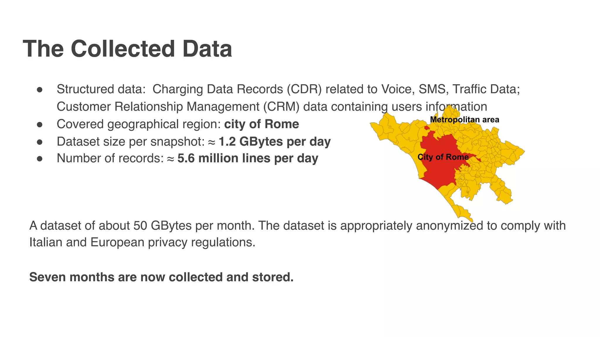 The Collected Data
" Structured data: Charging Data Records (CDR) related to Voice, SMS, Traffic Data;
Customer Relationship Management (CRM) data containing users information
" Covered geographical region: city of Rome
" Dataset size per snapshot: ≈ 1.2 GBytes per day
" Number of records: ≈ 5.6 million lines per day
A dataset of about 50 GBytes per month. The dataset is appropriately anonymized to comply with
Italian and European privacy regulations. 
 
Seven months are now collected and stored.
City of Rome
Metropolitan area
 