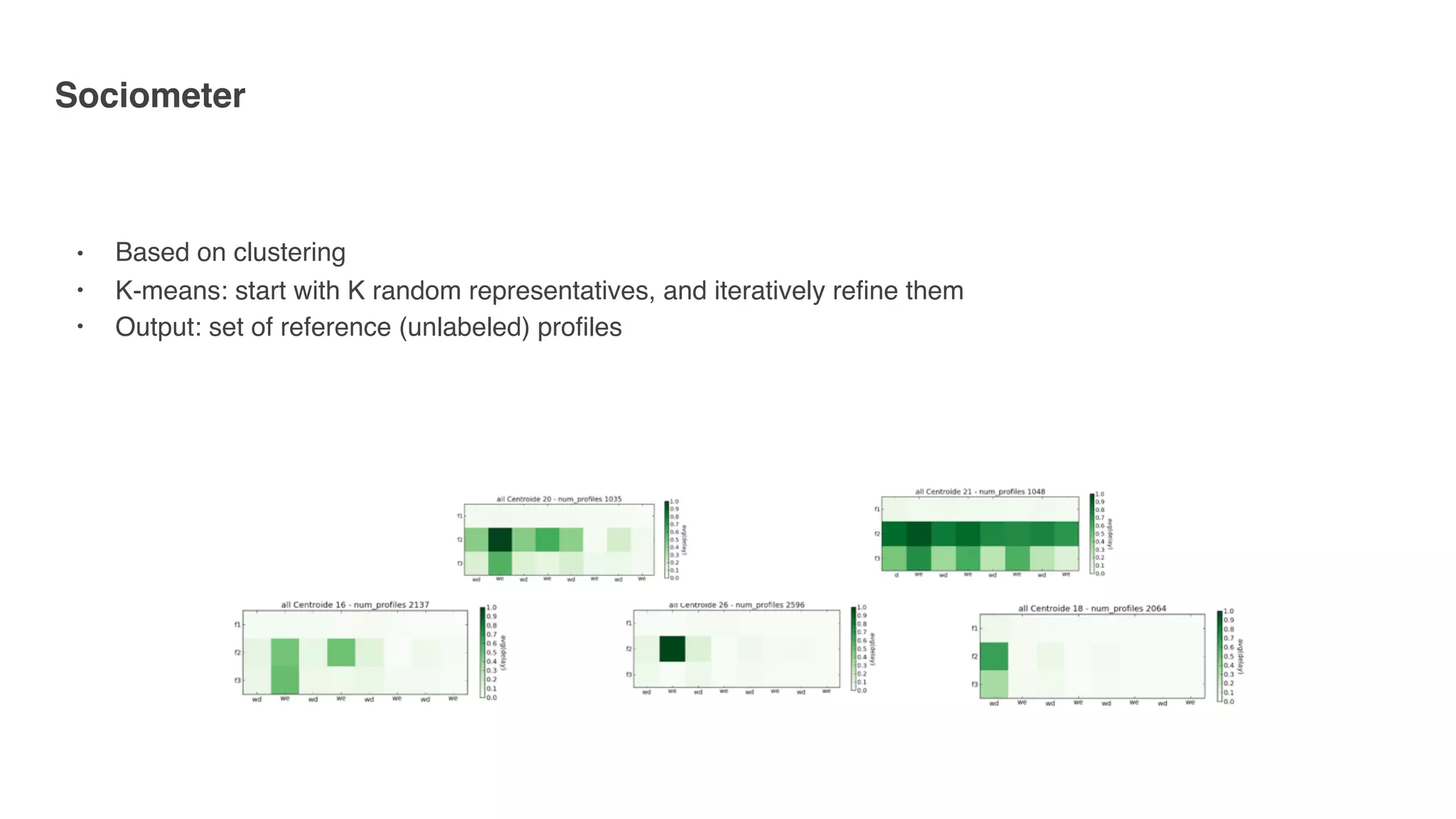 Sociometer 
● Based on clustering
●
K-means: start with K random representatives, and iteratively refine them
●
Output: set of reference (unlabeled) profiles
 