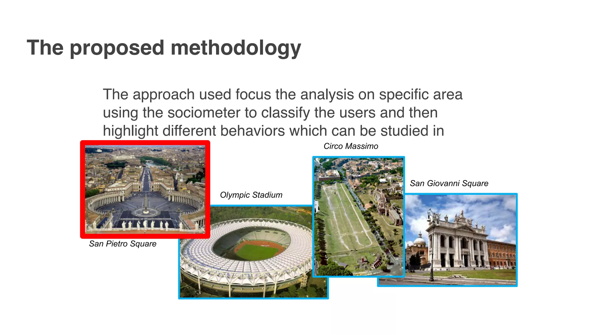 The proposed methodology
The approach used focus the analysis on specific area
using the sociometer to classify the users and then
highlight different behaviors which can be studied in
details.
San Pietro Square
Olympic Stadium
Circo Massimo
San Giovanni Square
 
