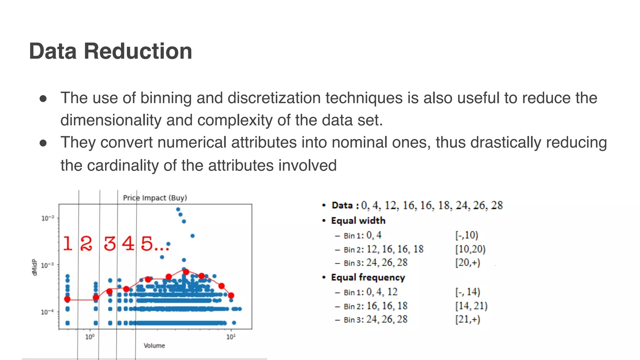 Data Reduction
" The use of binning and discretization techniques is also useful to reduce the
dimensionality and complexity of the data set.
" They convert numerical attributes into nominal ones, thus drastically reducing
the cardinality of the attributes involved
 