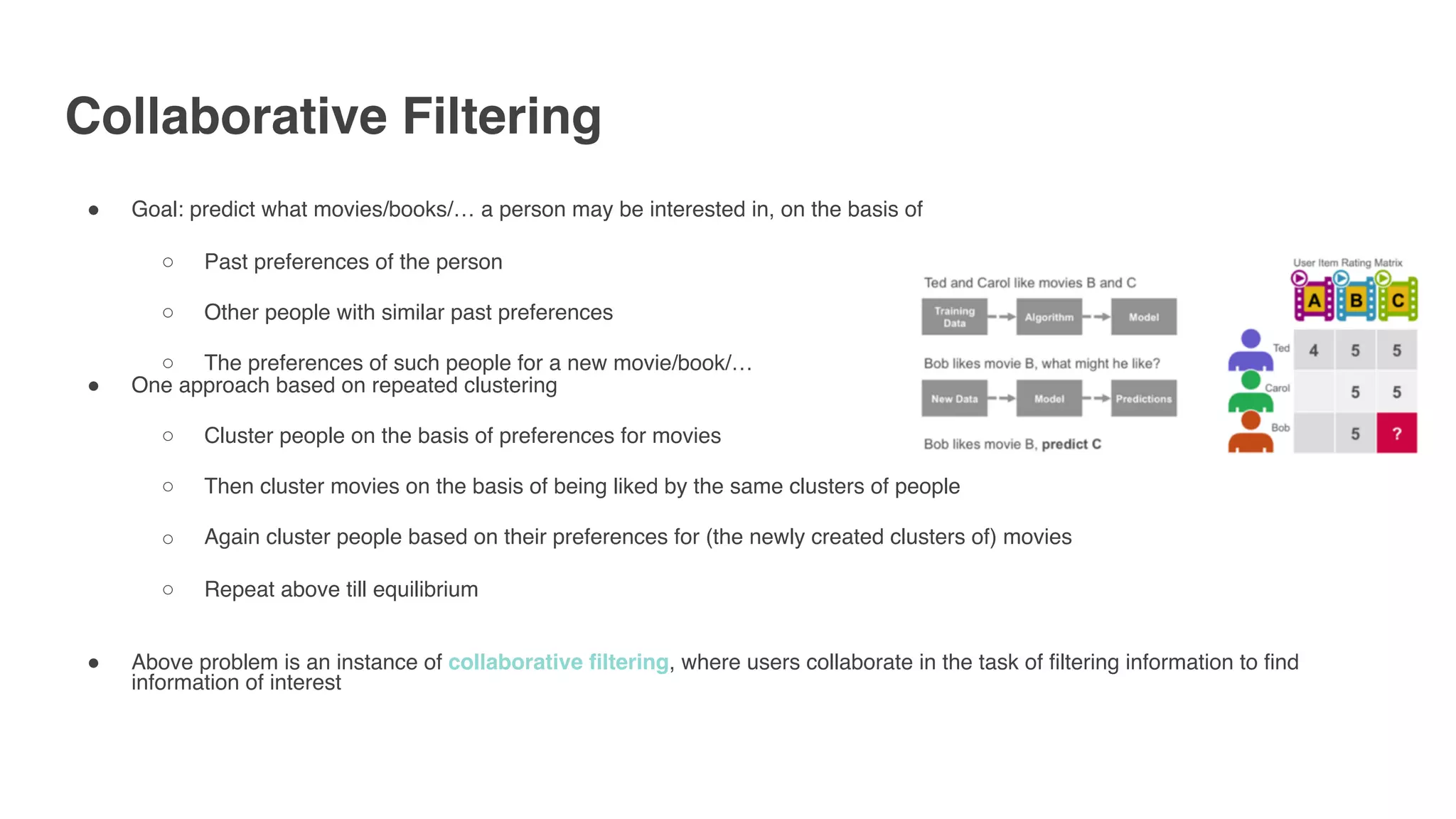 Collaborative Filtering
" Goal: predict what movies/books/… a person may be interested in, on the basis of
○ Past preferences of the person
○ Other people with similar past preferences
○ The preferences of such people for a new movie/book/…
" One approach based on repeated clustering
○ Cluster people on the basis of preferences for movies
○ Then cluster movies on the basis of being liked by the same clusters of people
○ Again cluster people based on their preferences for (the newly created clusters of) movies
○ Repeat above till equilibrium
" Above problem is an instance of collaborative filtering, where users collaborate in the task of filtering information to find
information of interest
 
