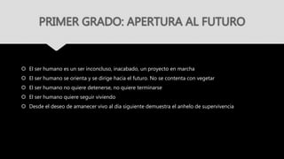PRIMER GRADO: APERTURA AL FUTURO
 El ser humano es un ser inconcluso, inacabado, un proyecto en marcha
 El ser humano se orienta y se dirige hacia el futuro. No se contenta con vegetar
 El ser humano no quiere detenerse, no quiere terminarse
 El ser humano quiere seguir viviendo
 Desde el deseo de amanecer vivo al día siguiente demuestra el anhelo de supervivencia
 
