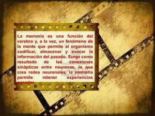 La memoria es una función del
cerebro y, a la vez, un fenómeno de
la mente que permite al organismo
codificar, almacenar y evocar la
información del pasado. Surge como
resultado    de    las    conexiones
sinápticas entre neuronas, lo que
crea redes neuronales, la memoria
permite     retener      experiencias
pasadas.
 