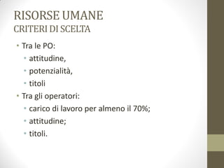 RISORSE UMANE
CRITERIDI SCELTA
• Tra le PO:
• attitudine,
• potenzialità,
• titoli
• Tra gli operatori:
• carico di lavoro per almeno il 70%;
• attitudine;
• titoli.
 