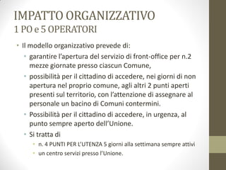 IMPATTO ORGANIZZATIVO
1 POe 5 OPERATORI
• Il modello organizzativo prevede di:
• garantire l’apertura del servizio di front-office per n.2
mezze giornate presso ciascun Comune,
• possibilità per il cittadino di accedere, nei giorni di non
apertura nel proprio comune, agli altri 2 punti aperti
presenti sul territorio, con l’attenzione di assegnare al
personale un bacino di Comuni contermini.
• Possibilità per il cittadino di accedere, in urgenza, al
punto sempre aperto dell’Unione.
• Si tratta di
• n. 4 PUNTI PER L’UTENZA 5 giorni alla settimana sempre attivi
• un centro servizi presso l’Unione.
 