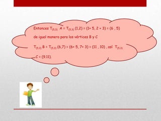 Entonces T(5,3) A = T(5,3) (1,2) = (1+ 5, 2 + 3) = (6 , 5)
de igual manera para los vértices B y C
T(5,3) B = T(5,3) (6,7) = (6+ 5, 7+ 3) = (11 , 10) , así T(5,3)
C = (9.11).
 