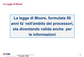 40
La Legge di Moore
La legge di Moore, formulata 50
anni fa* nell'ambito dei processori,
sta diventando valida anche per
le informazioni
__________________
* 19 aprile 1965
 
