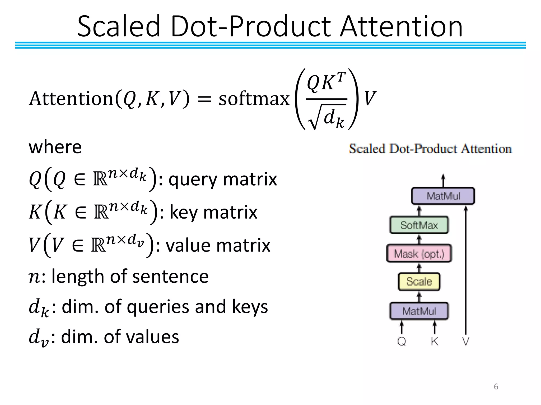 Scaled Dot-Product Attention
Attention 𝑄, 𝐾, 𝑉 = softmax
𝑄𝐾 𝑇
𝑑 𝑘
𝑉
where
𝑄 𝑄 ∈ ℝ 𝑛×𝑑 𝑘 : query matrix
𝐾 𝐾 ∈ ℝ 𝑛×𝑑 𝑘 : key matrix
𝑉 𝑉 ∈ ℝ 𝑛×𝑑 𝑣 : value matrix
𝑛: length of sentence
𝑑 𝑘: dim. of queries and keys
𝑑 𝑣: dim. of values
6
 