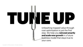 Unleashing trapped value through
cost optimization is just the first
step. We help you reinvestsmartly
and scalenew growth in a future
business model that stays true to
your core.
TUNEUP
Copyright © 2018 Accenture. All rights reserved.
 