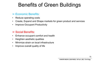 Benefits of Green Buildings
15
VANKIRI MADHU (203418025) / M.Tech. (EE) / Civil Engg.
➢ Economic Benefits:
• Reduce operating costs
• Create, Expand and Shape markets for green product and services
• Improve Occupant Productivity
➢ Social Benefits:
• Enhance occupant comfort and health
• Heighten aesthetic qualities
• Minimize strain on local infrastructure
• Improve overall quality of life
 