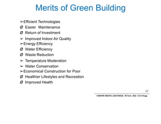 Merits of Green Building
17
VANKIRI MADHU (203418025) / M.Tech. (EE) / Civil Engg.
➢Efficient Technologies
Ø Easier Maintenance
Ø Return of Investment
➢ Improved Indoor Air Quality
➢Energy Efficiency
Ø Water Efficiency
Ø Waste Reduction
➢ Temperature Moderation
➢ Water Conservation
➢Economical Construction for Poor
Ø Healthier Lifestyles and Recreation
Ø Improved Health
 