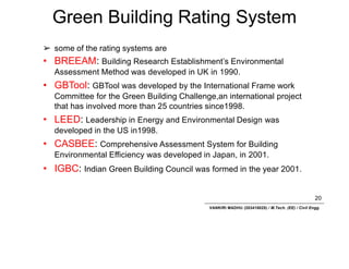 Green Building Rating System
20
VANKIRI MADHU (203418025) / M.Tech. (EE) / Civil Engg.
➢ some of the rating systems are
• BREEAM: Building Research Establishment’s Environmental
Assessment Method was developed in UK in 1990.
• GBTool: GBTool was developed by the International Frame work
Committee for the Green Building Challenge,an international project
that has involved more than 25 countries since1998.
• LEED: Leadership in Energy and Environmental Design was
developed in the US in1998.
• CASBEE: Comprehensive Assessment System for Building
Environmental Efficiency was developed in Japan, in 2001.
• IGBC: Indian Green Building Council was formed in the year 2001.
 