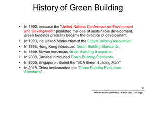 History of Green Building
9
VANKIRI MADHU (203418025) / M.Tech. (EE) / Civil Engg.
• In 1992, because the "United Nations Conference on Environment
and Development" promoted the idea of sustainable development,
green buildings gradually became the direction of development.
• In 1993, the United States created the Green Building Association.
• In 1996, Hong Kong introduced Green Building Standards.
• In 1999, Taiwan introduced Green Building Standards.
• In 2000, Canada introduced Green Building Standards.
• In 2005, Singapore initiated the "BCA Green Building Mark"
• In 2015, China implemented the "Green Building Evaluation
Standards".
 