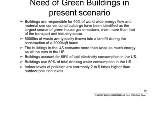 Need of Green Buildings in
present scenario
10
VANKIRI MADHU (203418025) / M.Tech. (EE) / Civil Engg.
➢ Buildings are responsible for 40% of world wide energy flow and
material use conventional buildings have been identified as the
largest source of green house gas emissions, even more than that
of the transport and industry sector.
➢ 8000lbs of waste are typically thrown into a landfill during the
construction of a 2000sqft home.
➢ The buildings in the US consume more than twice as much energy
as all the cars in the US.
➢ Buildings account for 68% of total electricity consumption in the US.
➢ Buildings use 80% of total drinking water consumption in the US.
➢ Indoor levels of pollution are commonly 2 to 5 times higher than
outdoor pollution levels.
 