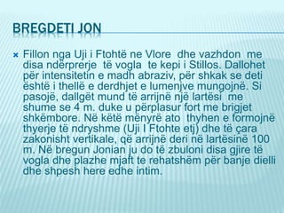 BREGDETI JON
 Fillon nga Uji i Ftohtë ne Vlore dhe vazhdon me
disa ndërprerje të vogla te kepi i Stillos. Dallohet
për intensitetin e madh abraziv, për shkak se deti
është i thellë e derdhjet e lumenjve mungojnë. Si
pasojë, dallgët mund të arrijnë një lartësi me
shume se 4 m. duke u përplasur fort me brigjet
shkëmbore. Në këtë mënyrë ato thyhen e formojnë
thyerje të ndryshme (Uji I Ftohte etj) dhe të çara
zakonisht vertikale, që arrijnë deri në lartësinë 100
m. Në bregun Jonian ju do të zbuloni disa gjire të
vogla dhe plazhe mjaft te rehatshëm për banje dielli
dhe shpesh here edhe intim.
 