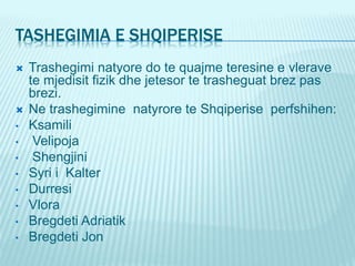 TASHEGIMIA E SHQIPERISE
 Trashegimi natyore do te quajme teresine e vlerave
te mjedisit fizik dhe jetesor te trasheguat brez pas
brezi.
 Ne trashegimine natyrore te Shqiperise perfshihen:
• Ksamili
• Velipoja
• Shengjini
• Syri i Kalter
• Durresi
• Vlora
• Bregdeti Adriatik
• Bregdeti Jon
 