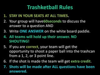 Trashketball Rules
1. STAY IN YOUR SEATS AT ALL TIMES.
2. Your group will have60seconds to discuss the
   answer to a question AND
3. Write ONE ANSWER on the white board paddle.
4. All teams will hold up their answer. NO
   SHOUTING!
5. If you are correct, your team will get the
   opportunity to shoot a paper ball into the trashcan
   from a 1, 2, or 3 point line.
6. If the shot is made the team will get extra credit.
7. Shots will be made after ALL questions have been
   answered.
 