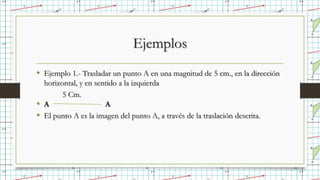 Ejemplos
• Ejemplo 1.- Trasladar un punto A en una magnitud de 5 cm., en la dirección
horizontal, y en sentido a la izquierda
5 Cm.
• A A
• El punto A es la imagen del punto A, a través de la traslación descrita.
 
