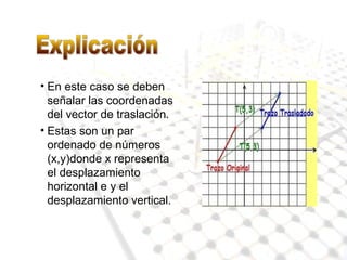 • En este caso se deben 
señalar las coordenadas 
del vector de traslación. 
• Estas son un par 
ordenado de números 
(x,y)donde x representa 
el desplazamiento 
horizontal e y el 
desplazamiento vertical. 
 
