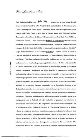 Acuerdo de la Cámara Federal de Córdoba por traslado de detenidos federales 