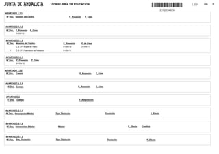 CONSEJERÍA DE EDUCACIÓN                                                                                     pág.   6
                                                                                                                                                18P

APARTADO 1.1.1
 Nº Doc. Nombre del Centro                               F. Posesión      F. Cese



APARTADO 1.1.2
Nº Doc.   F. Posesión   F. Cese
          01/09/10


APARTADO 1.1.3
 Nº Doc. Nombre del Centro                         F. Posesión         F. de Cese
          C.E.I.P. Ángel de Haro                   01/09/10            31/08/11
    1     C.E.I.P. Francisco de Velasco            01/09/11


APARTADO 1.2.1
Nº Doc.   F. Posesión     F. Cese
          01/09/10


APARTADO 1.2.2
 Nº Doc. Cuerpo                                                   F. Posesión       F. Cese



APARTADO 1.2.3
 Nº Doc. Cuerpo                                                  F. Posesión        F. Cese




APARTADO 2
 Nº Doc. Cuerpo                                                   F. Adquisición




APARTADO 3.1.1
Nº Doc. Descripción Mérito                  Tipo Titulación                                   Titulación                            F. Efecto



APARTADO 3.1.2
 Nº Doc. Universidad Máster                   Máster                                                         F. Efecto   Creditos



APARTADO 3.1.3
Nº Doc. Det. Titulación                     Tipo Titulación                                     Titulación                   F. Efecto
 