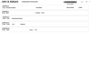 CONSEJERÍA DE EDUCACIÓN                                                         pág.   9
                                                                                                                   18P

APARTADO 6.3
Nº Doc. Descripción del Mérito                                       Tipo de Mérito        Ámbito del Mérito   F. Mérito



APARTADO 6.4
Nº Doc. Puesto                                                     F. Posesión   F. Cese



 APARTADO 6.5
 Nº Doc.    Fecha    Administración Educativa



APARTADO 6.6.a
Nº Doc. F. Inicio     F. Fin            Organismo



APARTADO 6.6.b
Nº Doc.    Puesto                                     F. Inicio   F. Fin
 