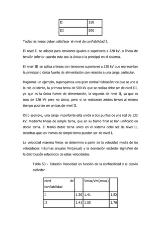 II 150
III 500
Todas las líneas deben satisfacer el nivel de confiabilidad I.
El nivel II se adopta para tensiones iguales o superiores a 220 kV, o líneas de
tensión inferior cuando esta sea la única o la principal en el sistema.
El nivel III se aplica a líneas con tensiones superiores a 220 kV que representan
la principal o única fuente de alimentación con relación a una carga particular.
Hagamos un ejemplo, supongamos una gran central hidroeléctrica que se une a
la red existente, la primera terna de 500 kV que se realiza debe ser de nivel III,
ya que es la única fuente de alimentación, la segunda de nivel II, ya que es
mas de 220 kV pero no única, pero si se realizaran ambas ternas al mismo
tiempo podrían ser ambas de nivel II.
Otro ejemplo, una carga importante esta unida a dos puntos de una red de 132
kV, mediante lineas de simple terna, que en su tramo final se han unificado en
doble terna. El tramo doble terna unico en el sistema debe ser de nivel II,
mientras que los tramos de simple terna pueden ser de nivel I.
La velocidad máxima Vmax se determina a partir de la velocidad media de las
velocidades máximas anuales Vm(anual) y la desviación estándar sigmaVm de
la distribución estadística de estas velocidades.
Tabla 53 - Relación Velocidad en función de la confiabilidad y el desvío
estándar
nivel de
confiabilidad
Vmax/Vm(anual)
I 1.30 1.41 1.52
II 1.41 1.55 1.70
 