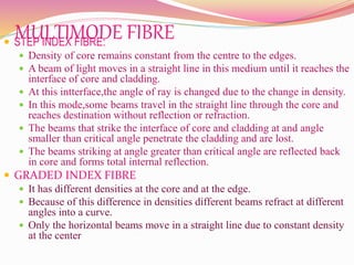 MULTIMODE FIBRE STEP INDEX FIBRE:
 Density of core remains constant from the centre to the edges.
 A beam of light moves in a straight line in this medium until it reaches the
interface of core and cladding.
 At this intterface,the angle of ray is changed due to the change in density.
 In this mode,some beams travel in the straight line through the core and
reaches destination without reflection or refraction.
 The beams that strike the interface of core and cladding at and angle
smaller than critical angle penetrate the cladding and are lost.
 The beams striking at angle greater than critical angle are reflected back
in core and forms total internal reflection.
 GRADED INDEX FIBRE
 It has different densities at the core and at the edge.
 Because of this difference in densities different beams refract at different
angles into a curve.
 Only the horizontal beams move in a straight line due to constant density
at the center
 