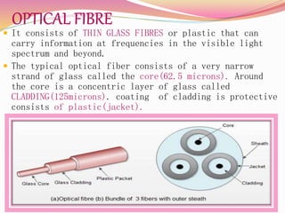  It consists of THIN GLASS FIBRES or plastic that can
carry information at frequencies in the visible light
spectrum and beyond.
 The typical optical fiber consists of a very narrow
strand of glass called the core(62.5 microns). Around
the core is a concentric layer of glass called
CLADDING(125microns). coating of cladding is protective
consists of plastic(jacket).
 