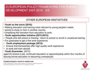 D) EUROPEAN POLICY FRAMEWORK FOR RURAL
DEVELOPMENT 2007-2014 3/3
OTHER EUROPEAN INNITIATIVES
- Youth on the move (2010):
• Making education and training more relevant to young people's needs.
• grants to study or train in another country.
• simplifying the transition from education to work.
- Youth opportunities initiative (2012-2013):
• People who left school or training : return to school or enroll in vocational training
• For graduates to get a first work experience
- Youth employment package (2012):
• Ensure that traineeships offer high-quality work experience
• to work and train abroad
- Youth Guarantee (2012)
aged 25 receive a job, continued education or apprenticeship within four months of
leaving formal education or becoming unemployed
 