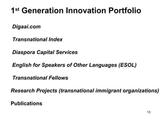 1st Generation Innovation Portfolio
Digaai.com

 Transnational Index

Diaspora Capital Services

English for Speakers of Other Languages (ESOL)    

Transnational Fellows

Research Projects (transnational immigrant organizations)

Publications
                                                     13
 