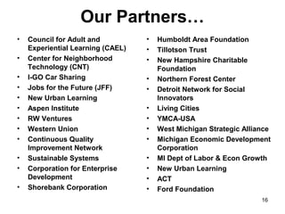 Our Partners…
•   Council for Adult and          •   Humboldt Area Foundation
    Experiential Learning (CAEL)   •   Tillotson Trust
•   Center for Neighborhood        •   New Hampshire Charitable
    Technology (CNT)                   Foundation
•   I-GO Car Sharing               •   Northern Forest Center
•   Jobs for the Future (JFF)      •   Detroit Network for Social
•   New Urban Learning                 Innovators
•   Aspen Institute                •   Living Cities
•   RW Ventures                    •   YMCA-USA
•   Western Union                  •   West Michigan Strategic Alliance
•   Continuous Quality             •   Michigan Economic Development
    Improvement Network                Corporation
•   Sustainable Systems            •   MI Dept of Labor & Econ Growth
•   Corporation for Enterprise     •   New Urban Learning
    Development                    •   ACT
•   Shorebank Corporation          •   Ford Foundation
                                                                    16
 
