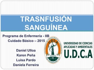 Programa de Enfermería - IIB
Cuidado Básico – 2015
Daniel Ulloa
Karen Peña
Luisa Pardo
Daniela Ferreira
TRASNFUSIÓN
SANGUÍNEA
 