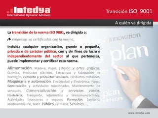 La transición de la norma ISO 9001, va dirigida a:
empresas ya certificadas con la norma,
Incluida cualquier organización, grande o pequeña,
privada o de carácter público, con y sin fines de lucro e
independientemente del sector al que pertenezca,
puede implementar y certificar esta norma.
Alimentación, Madera, Papel, Edición y artes gráficas,
Química, Productos plásticos, Extractivas y fabricación de
hormigón, cemento y productos similares, Productos metálicos,
Maquinaria y automoción, Electricidad y Electrónica, Naval,
Construcción y actividades relacionadas, Mantenimiento de
vehículos, Comercialización y servicios varios,
Hostelería, Transporte, Informática y telecomunicaciones,
Actividades financieras y seguros, Formación, Sanitario,
Medioambiental, Textil, Público, Farmacia, Servicios,…,
A quién va dirigida
Transición ISO 9001
 