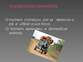 O homem começou por se deslocar a
 pé e utilizar a sua força.
O homem aprendeu a domesticar
 animais.
 