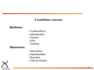 Cronófobos externos
Ruidosos:
- Colaboradores.
- Subordinados.
- Clientes.
- Jefes.
- Teléfono.
Silenciosos:
- Indisciplina.
- Impuntualidad.
- Desorden.
- Falta de método.
6
 